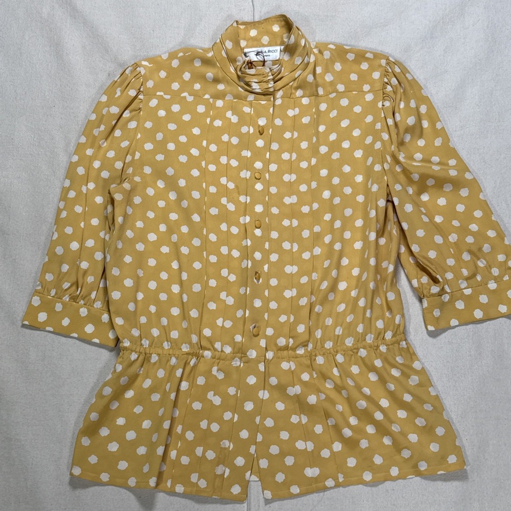 Nina Ricci Paris 100% Silk Yellow Polkadot Blouse Top Made In Hong Kong Size 8